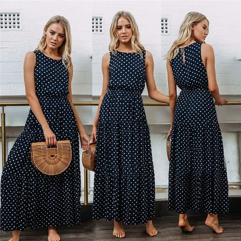 Sleeveless Dot Print Long Maxi Dress Elegant Floral Maxi Dress