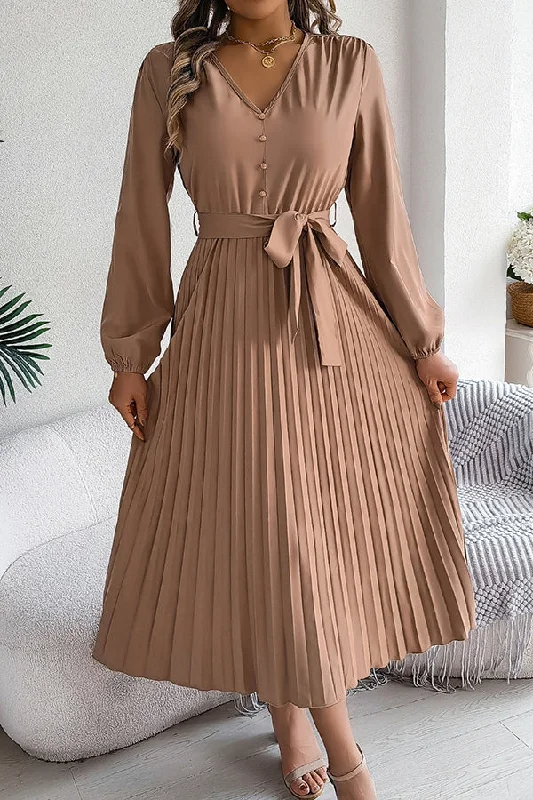 Solid Color Elegant V-neck Buttoned Lace-up Pleated Maxi Dress Stylish Boho Maxi Dress