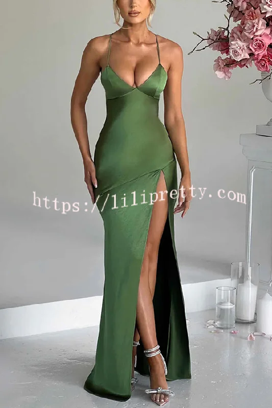 Satin Solid Color Sexy Backless Lace Up High Slit Maxi Dress Elegant Silk Maxi Dress