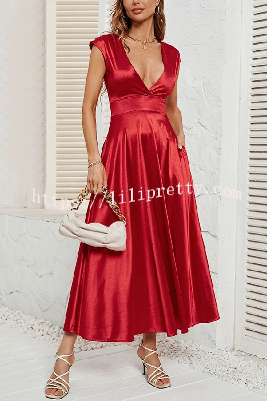 Satin Solid Color Sleeveless V-neck Pocket Maxi Dress Classic Strapless Maxi Dress