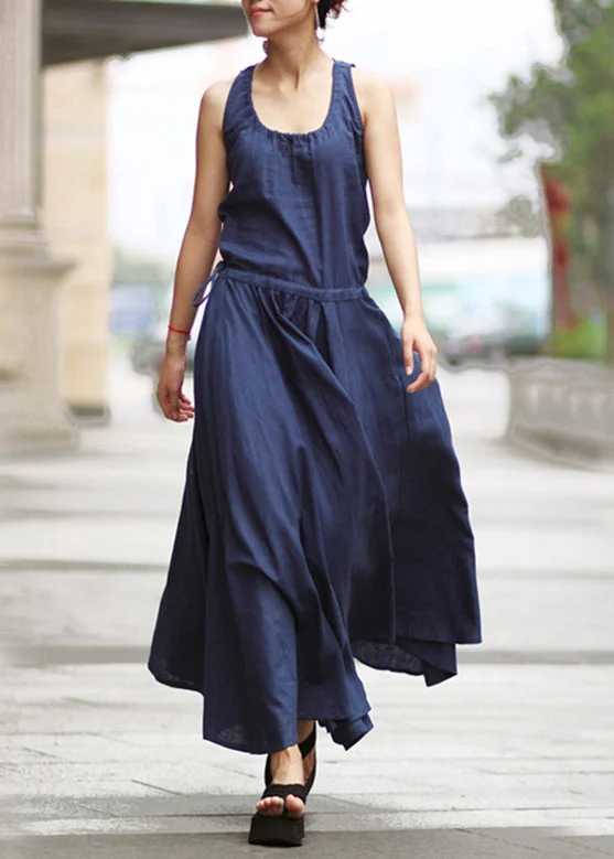 Solid Drawstring Ruched Sleeveless Casual Maxi Dress Navy Cozy Spaghetti Strap Maxi Dress