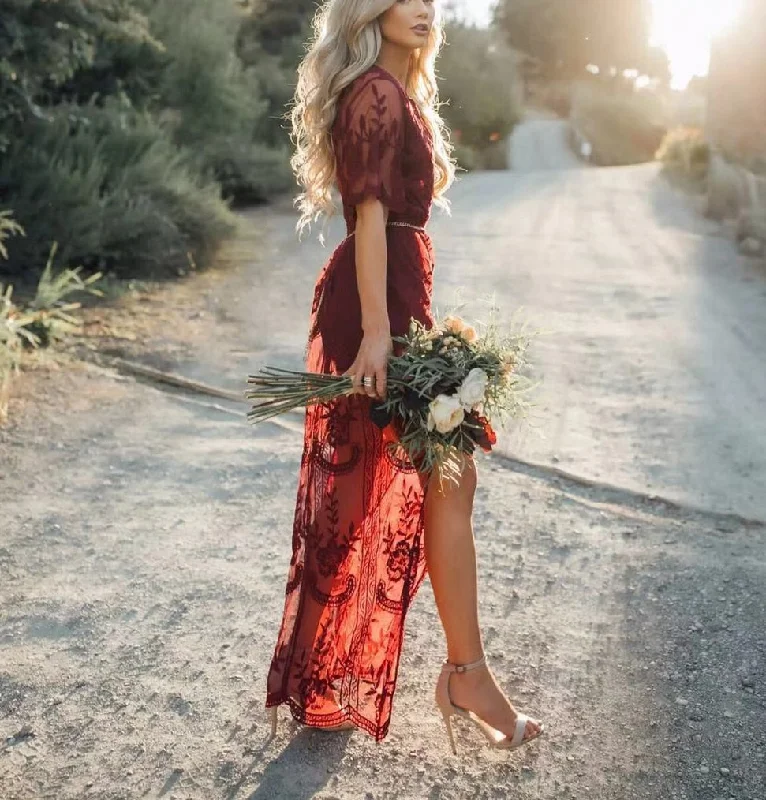 Solid Short Sleeve Beach Sexy Loose Bohemian Maxi Dress Elegant Tiered Maxi Dress