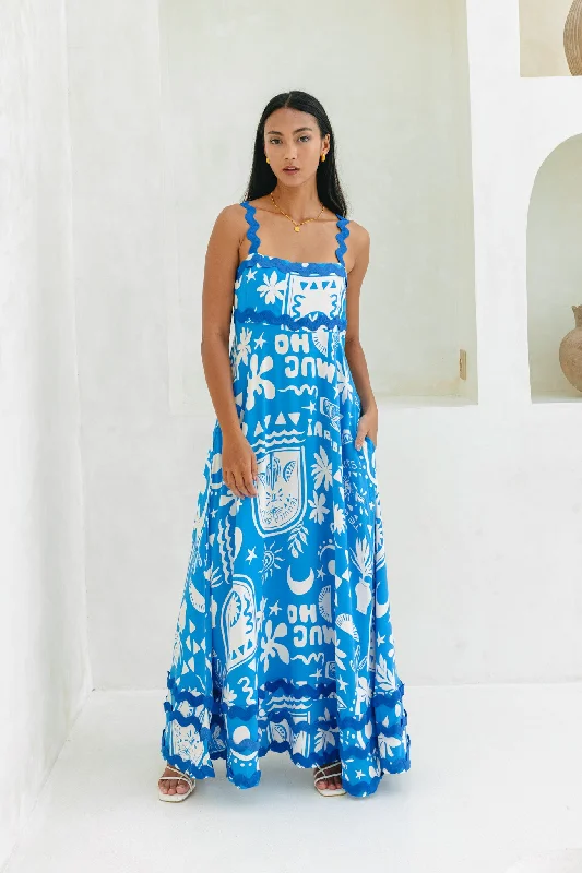 Soquila Blue Tropical Ric Rac Maxi Dress Cozy Maxi Dress with Slit