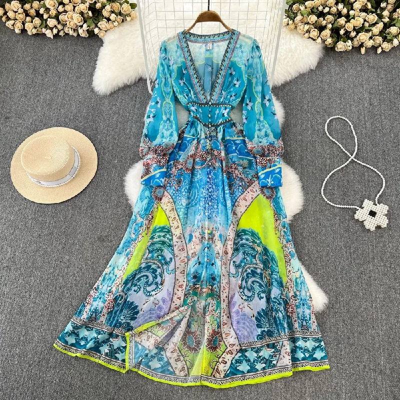 Spring Autumn Elegant Blue Maxi Dresses for Women Printed Boho Chiffon Thin Female Long Robe Beach Vacation Deep V-Neck Sexy New Fashionable Sheer Maxi Dress
