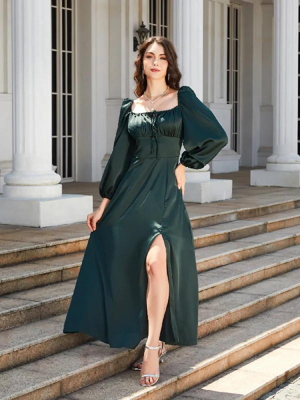 Square Neck Puff Sleeve High Slit Maxi Dress Stylish Empire Waist Maxi Dress