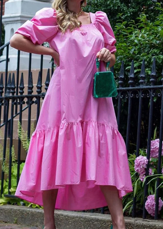 Square Neck Solid Color Puff Sleeve Ruffles Hem Casual Maxi Dress For Women Rose Fashionable Halter Neck Maxi Dress