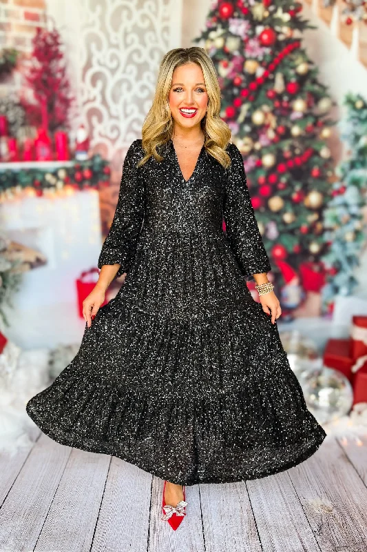 SSYS The Tinsley Long Sleeve Maxi Dress In Black Sequin Trendy V-Neck Maxi Dress