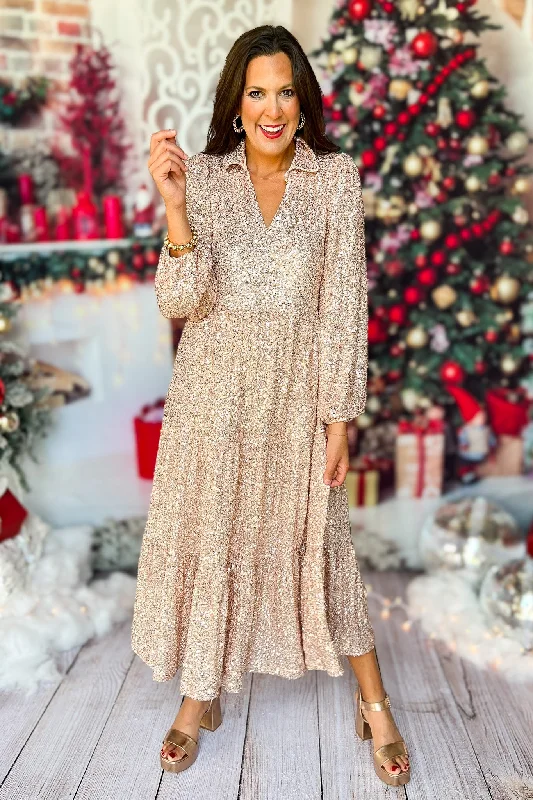 SSYS The Tinsley Long Sleeve Maxi Dress In Champagne Sequin Fashionable Printed Maxi Dress