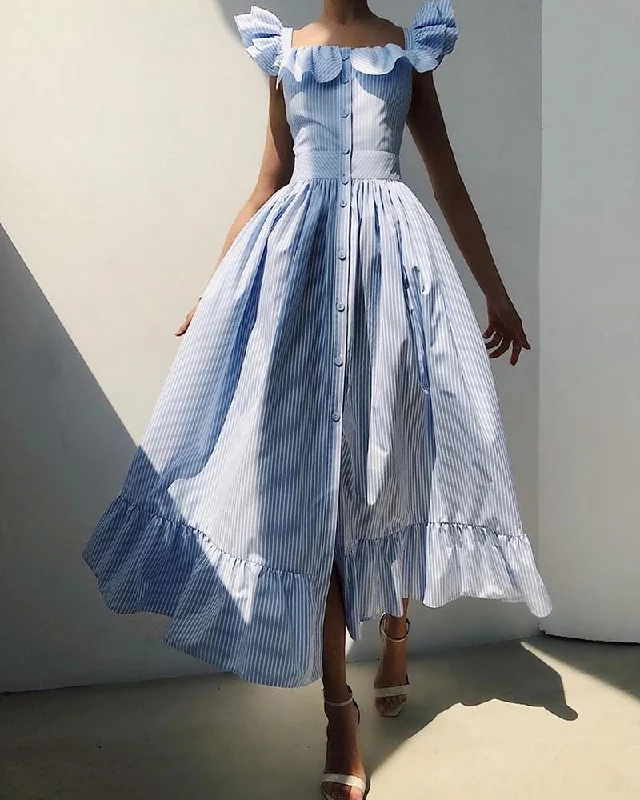 Striped Square Neck Flutter Sleeve Sweet Dress Women Ruffles Maxi Dress Elegant Maxi Dress with Pockets