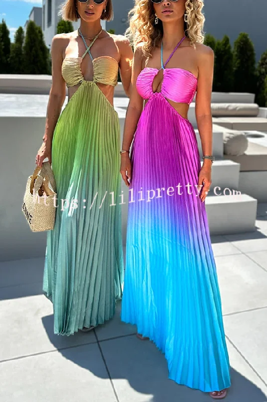 Get Ready Beautiful Gradient Print Cutout Halterneck Pleated Maxi Dress Cozy Maxi Dress with Slit