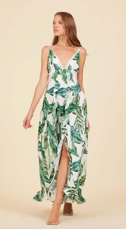 SURF GYPSY PRINTED RAINFOREST LEAF MAXI DRESS Fashionable Open-Back Maxi Dress