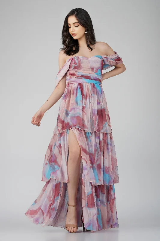 Sydney Chiffon Maxi Dress in Burgundy Print Cozy Cold-Shoulder Maxi Dress