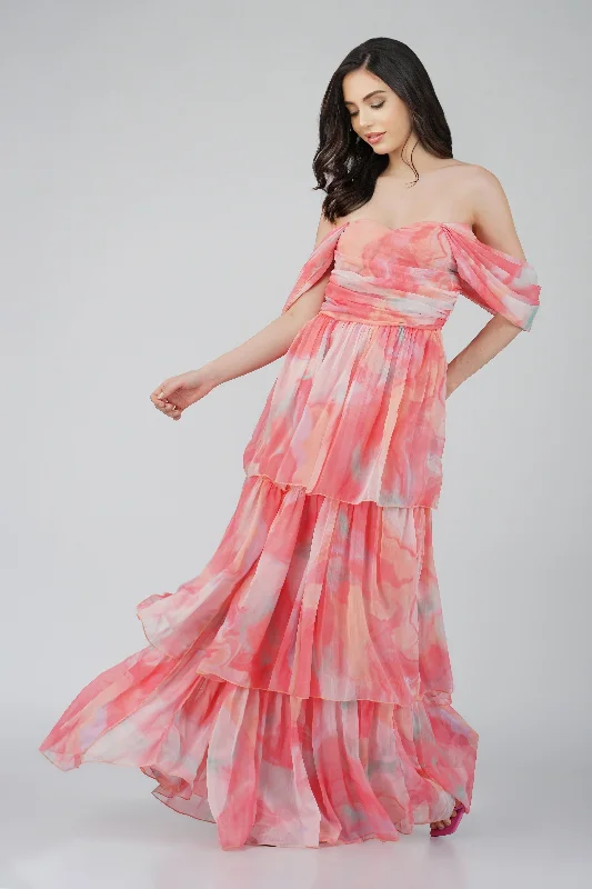 Sydney Chiffon Maxi Dress in Coral Print Comfortable T-Shirt Maxi Dress