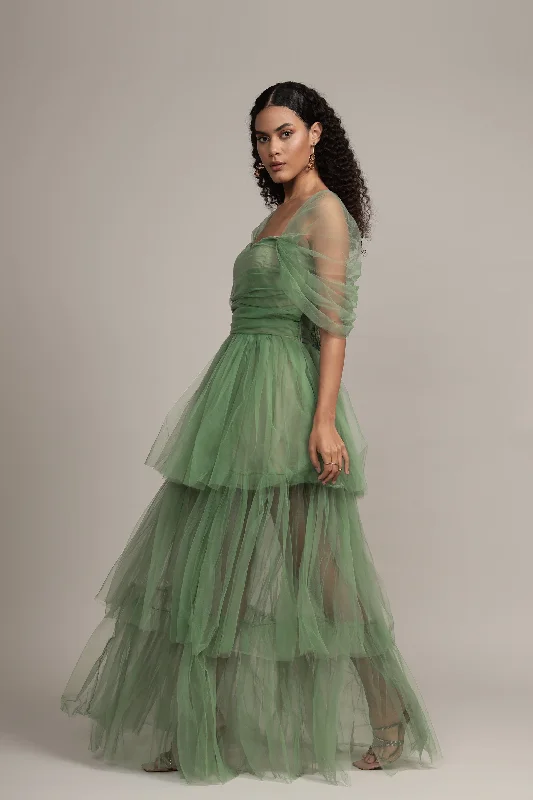 Sydney Off Shoulder Tulle Maxi Dress in Dark Sage Elegant Maxi Dress with Ruffles