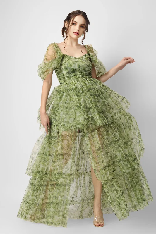 Sydney Tulle Maxi Dress in Green Print Comfortable Ruffle Hem Maxi Dress