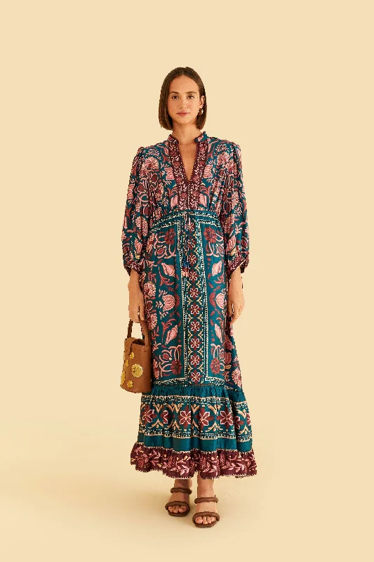 Teal Seashell Tapestry Lenzing™ Ecovero™ Viscose Maxi Dress Cozy Longline Maxi Dress