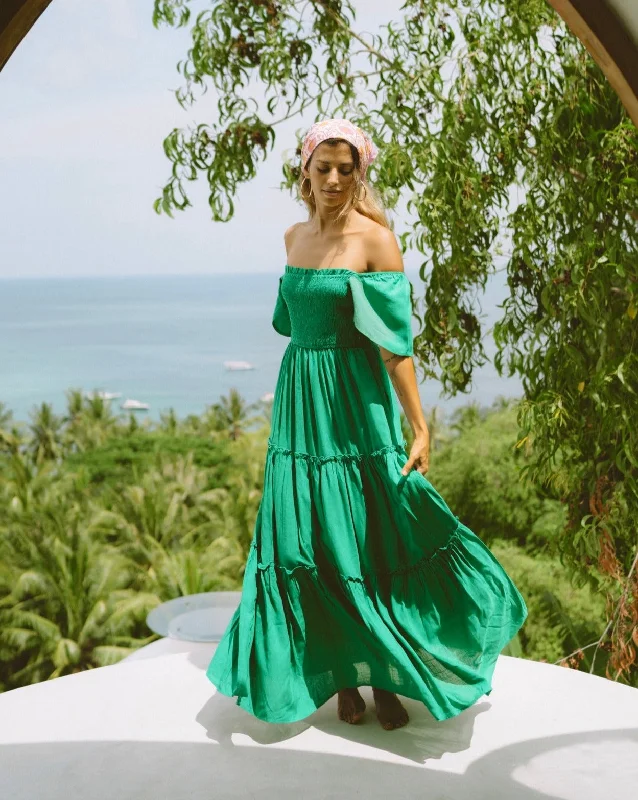 Terra Emerald Green Tiered Maxi Dress Stylish Off-Shoulder Maxi Dress