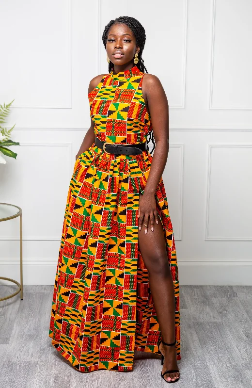 Traditional Kente Sleeveless Turtleneck Maxi Dress for Women - KENYA Comfortable Maxi Dress with Slits