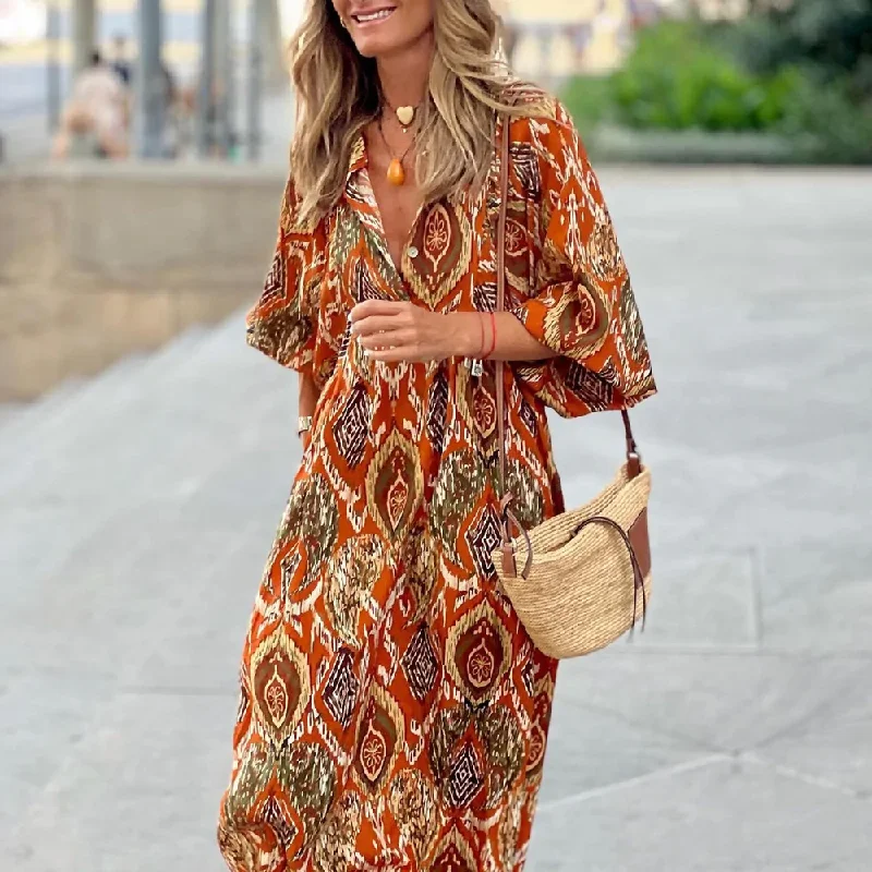 Trendy 3/4 Sleeve Print Maxi Dress Comfortable Bohemian Maxi Dress