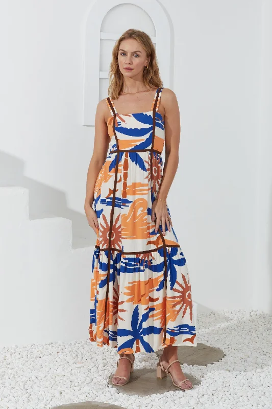 Tropicana Blue Orange Abstract Contrast Maxi Dress Stylish Maxi Dress with Pleats