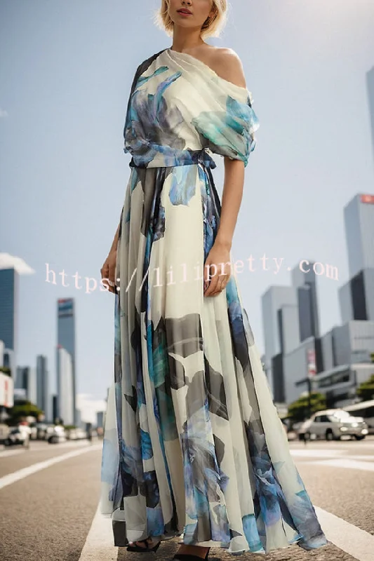 Unique Printed Bohemian Short-sleeved One-shoulder Maxi Dress Fashionable Faux Wrap Maxi Dress