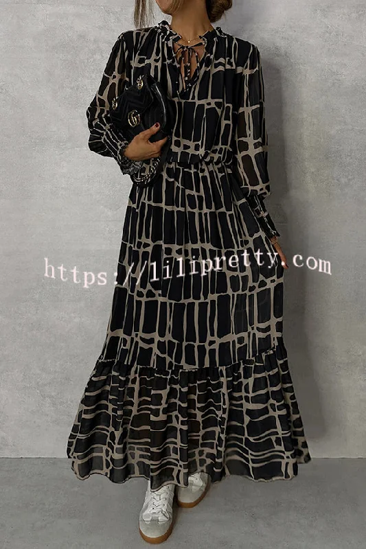 Unique Printed V-neck Tie-up Waist Long-sleeve Maxi Dress Elegant Silk Maxi Dress