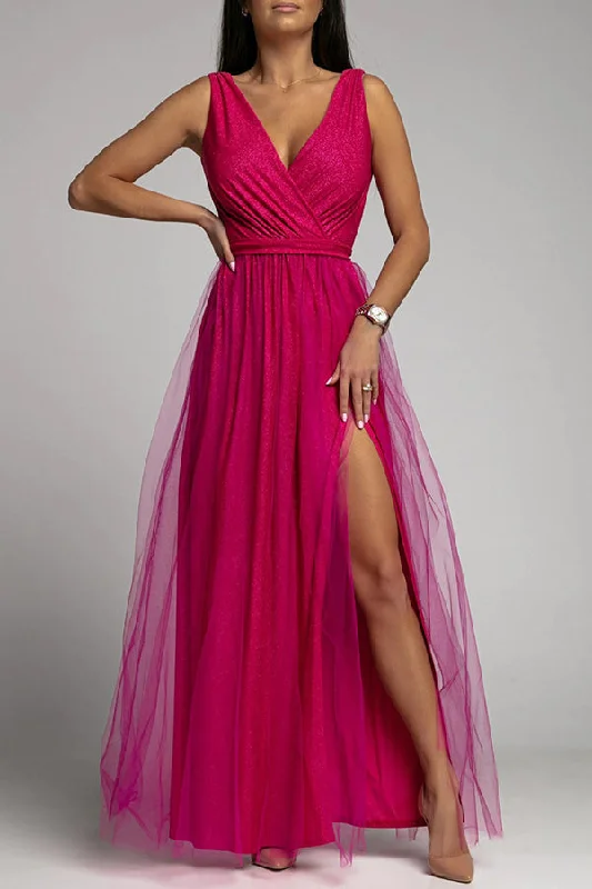 V Neck Backless Maxi Dress Stylish Pleated A-Line Maxi Dress