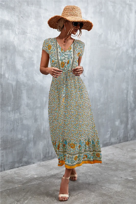 V-Neck Short Sleeve Printed Maxi Dress Stylish Longline Maxi Dress