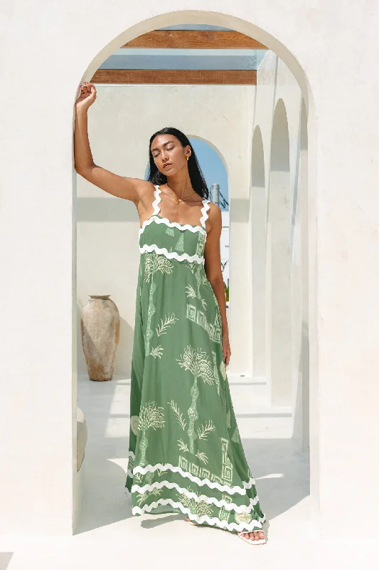 Verda Green Tropical Ric Rac Maxi Dress Trendy Maxi Dress with Lace