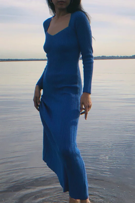 Victoria Blue Long Sleeve Knit Maxi Dress Fashionable Asymmetrical Maxi Dress