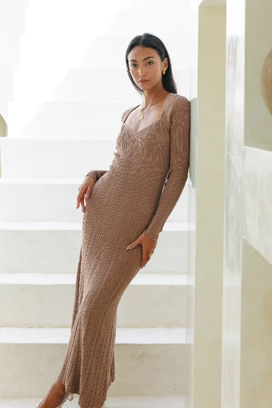 Victoria Mocha Long Sleeve Knit Maxi Dress Cozy Open-Back Maxi Dress
