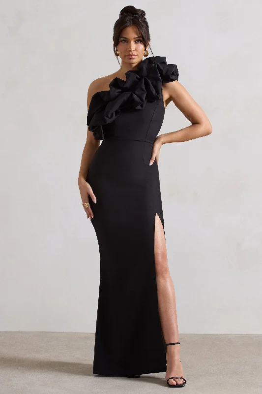 Vienne | Black One Shoulder Ruffle Split Maxi Dress Comfortable Cotton Maxi Dress