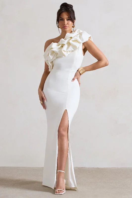 Vienne | White One Shoulder Ruffle Split Maxi Dress Trendy Printed Maxi Dress