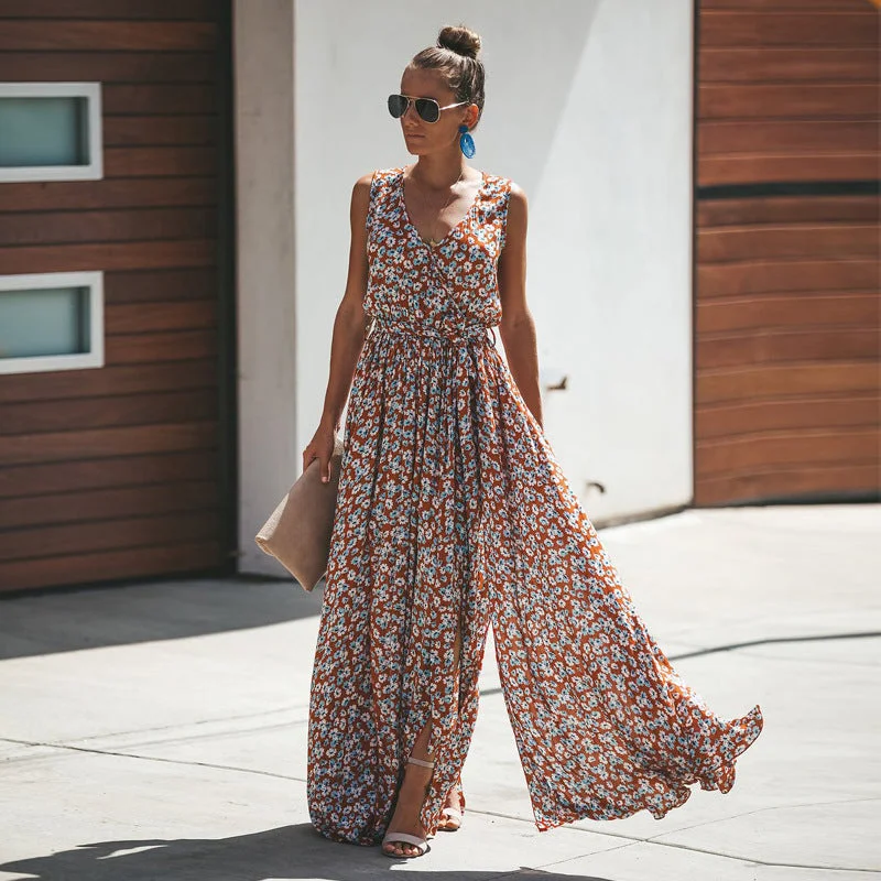 Floral print，Bohemian maxi dress，Boho sundress Trendy Printed Maxi Dress