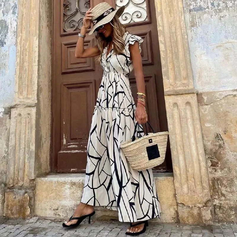Vintage Short Sleeve Print Maxi Dress Classic Solid Maxi Dress