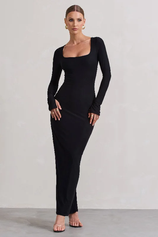 Viva | Black Square-Neck Long-Sleeve Maxi Dress Comfortable Fitted Maxi Dress