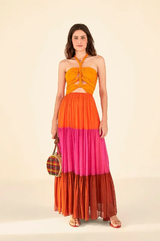 Warm Color Blocking Maxi Dress Fashionable Halter Neck Maxi Dress