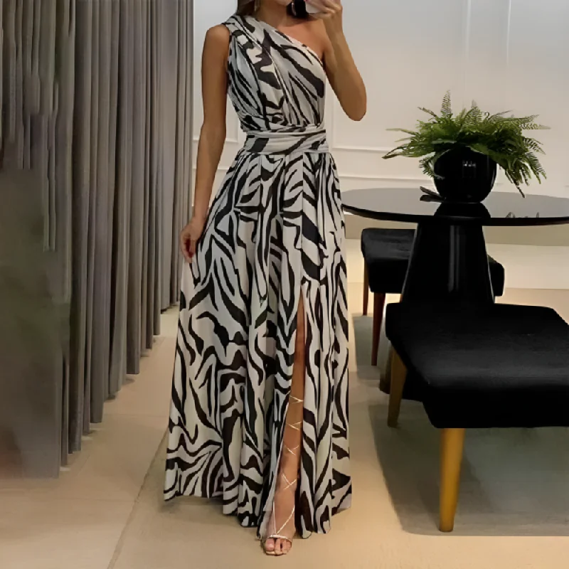 White Black Zebra Print Asymmetrical Front Slit Maxi Dress Fashionable Chiffon Maxi Dress