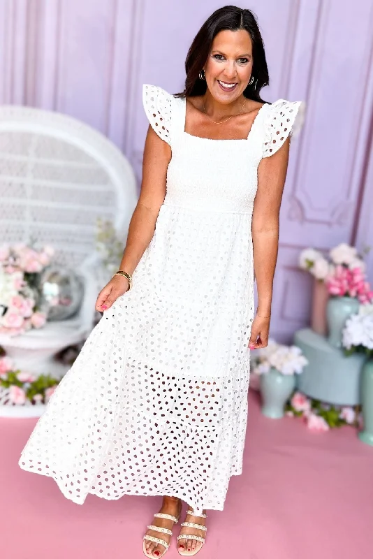 White Square Neck Smocked Bodice Cap Sleeve Eyelet Maxi Dress Comfortable Ruffle Maxi Dress