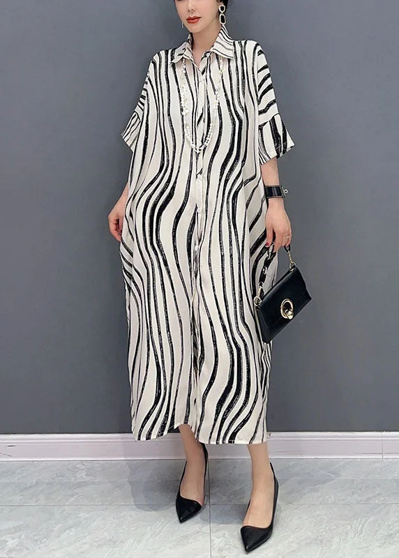 White Zebra Pattern Maxi Dress Oversized Turn-down Collar Summer Chic Summer Maxi Dress