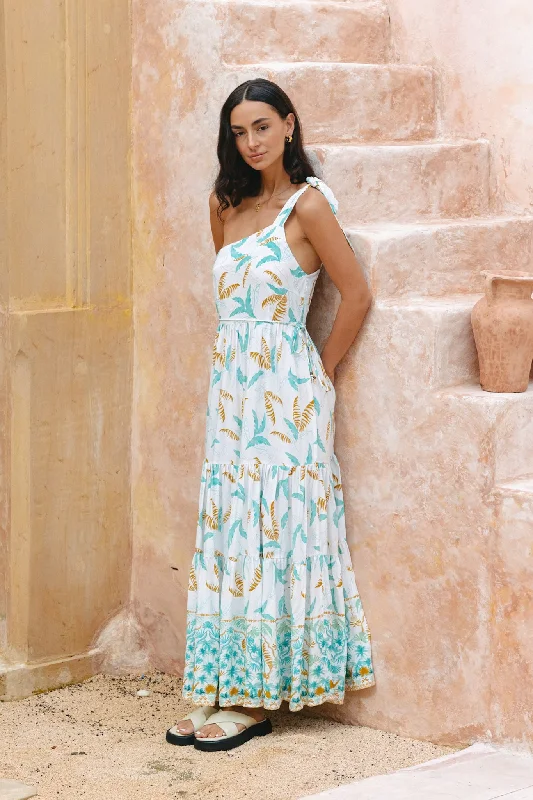 Wisteria Blue Tropical Boho One Shoulder Tie Maxi Dress Cozy Ribbed Maxi Dress