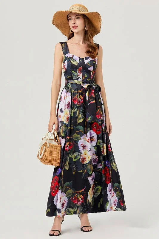 Women Black Floral Fashion Long Maxi Dress Fashionable Asymmetrical Maxi Dress