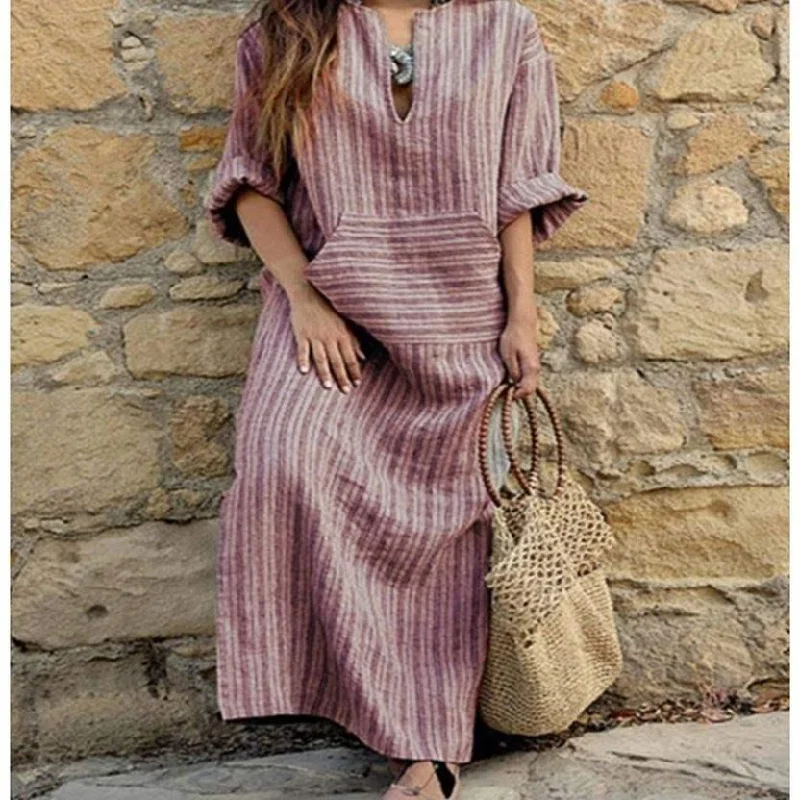 Women Long Striped Casual Loose Maxi Dresses Fashionable Button-Down Maxi Dress