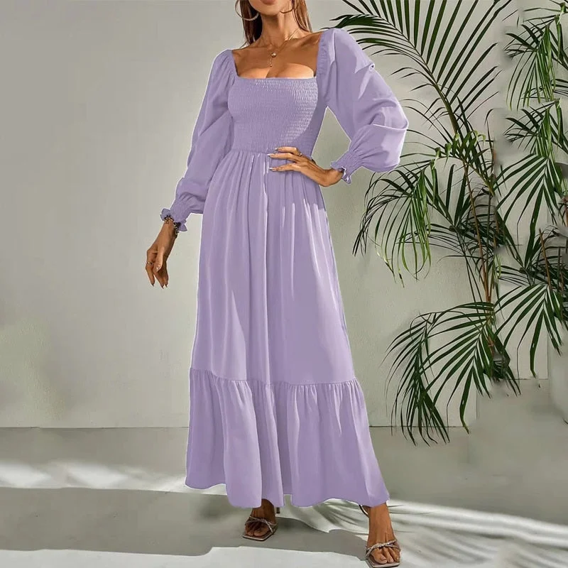 Women Maxi Dress Fashion Square Neck Long Flare Sleeve Nipped Waist Slim Ruffle Party Evening Dresses High Streetwear Fashionable Sheer Maxi Dress