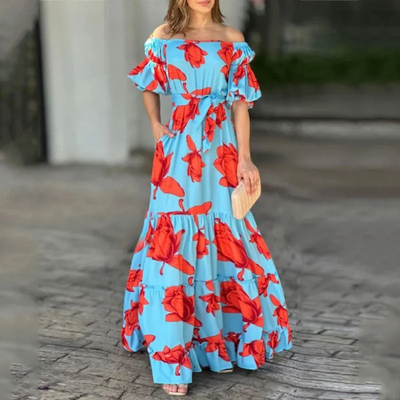 Women Maxi Dress Summer Fashion Print Short Puff Sleeve One Shoulder Lace Up Slim Nipped Waist Holiday Long Dresses Comfortable Long-Sleeve Maxi Dress