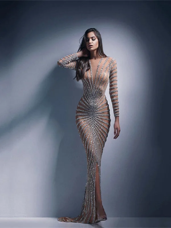 Women Mesh Sequins Maxi Dress Female Sexy V Neck Long Sleeve Split Fishtail Dresses Summer LadIES Party Evening Long Dress Gown Cozy Ruffle Sleeve Maxi Dress