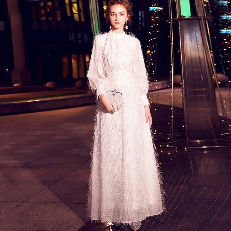 Women Tassel Lantern Long Sleeve Maxi Dress Elegant White Big Swing Party Long Dresses Ladies Vintage Dress Vestidos Stylish Empire Waist Maxi Dress