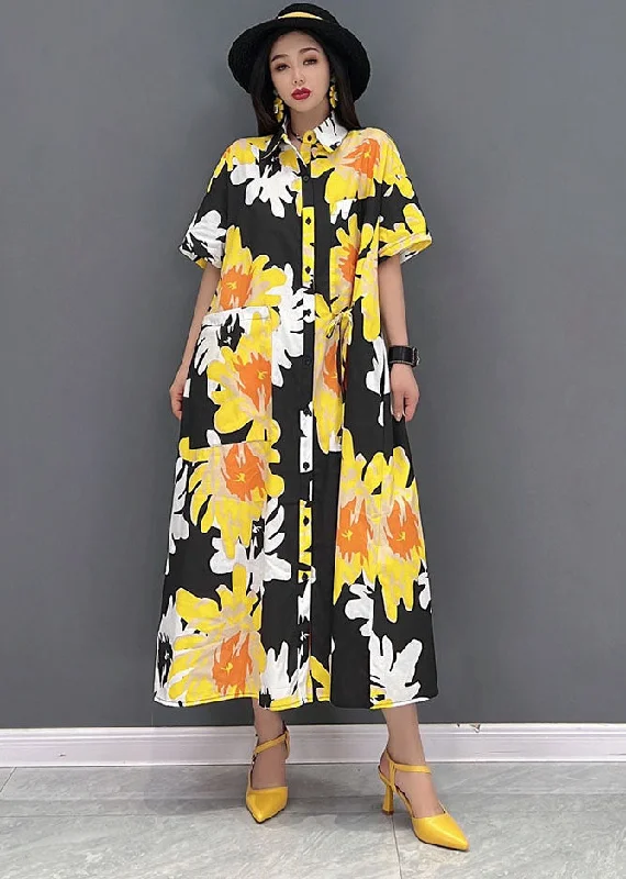 Women Yellow Peter Pan Collar Print Pockets Chiffon Maxi Dress Short Sleeve Cozy Ribbed Maxi Dress