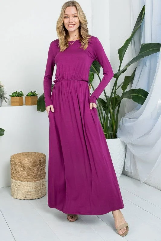 Solid Elastic Waist Maxi Dress Comfortable Flowy Maxi Dress