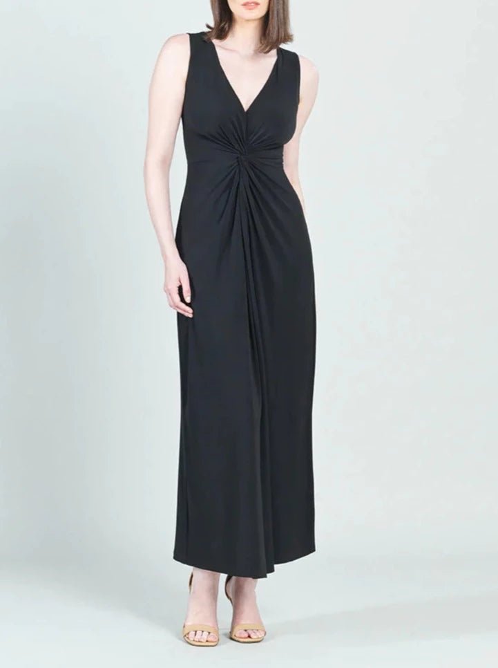 Women's V-Neck Center Slit Black Maxi Dress Comfortable Long-Sleeve Maxi Dress